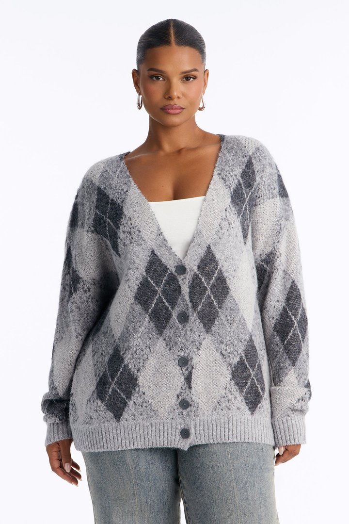 Artsy Argyle Cardigan - Grey/combo