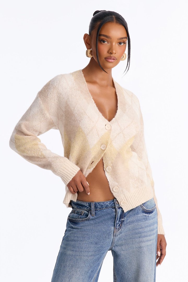 Artsy Argyle Cardigan - Oatmeal/combo