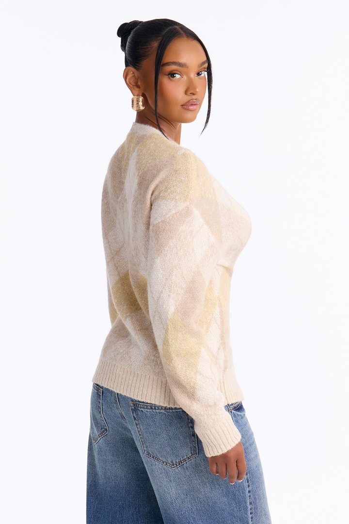 Artsy Argyle Cardigan - Oatmeal/combo