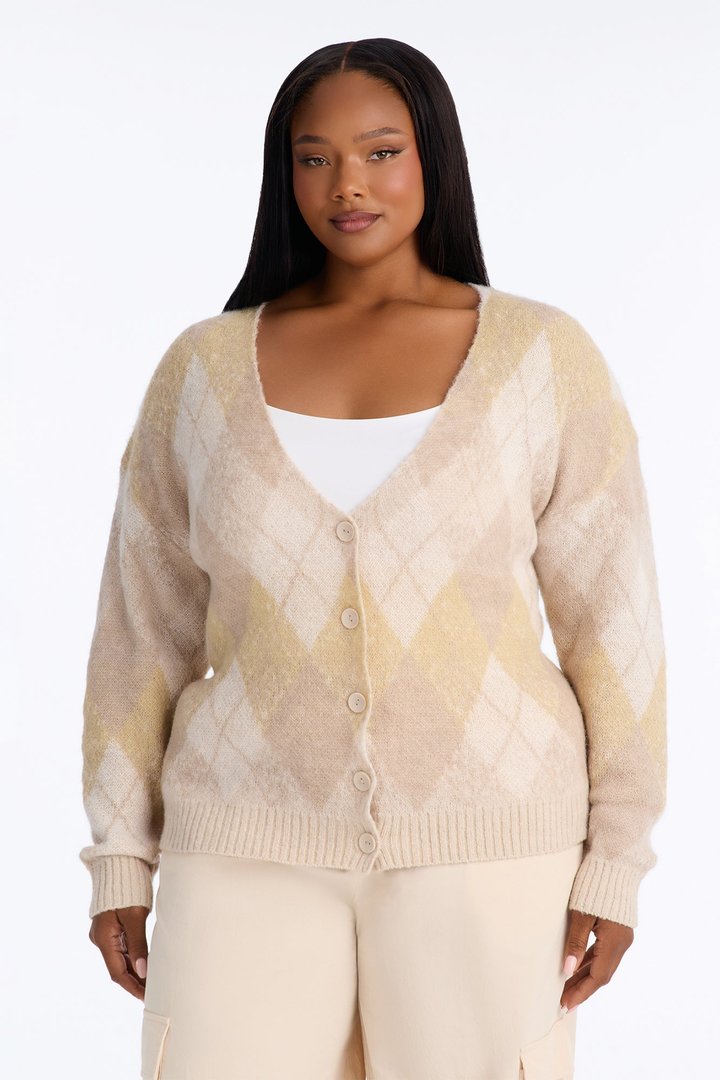 Artsy Argyle Cardigan - Oatmeal/combo