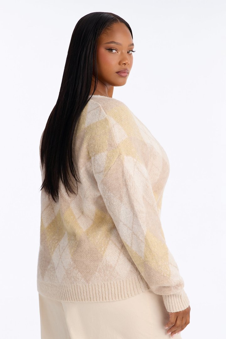Artsy Argyle Cardigan - Oatmeal/combo