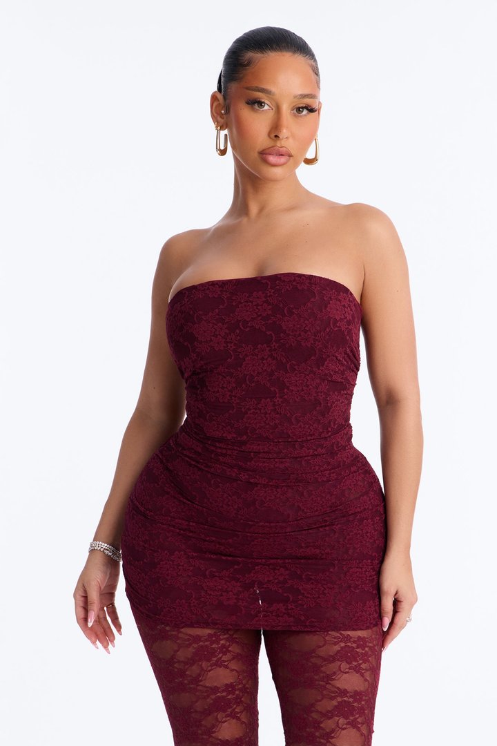 In your Feels Ruched Lace Jumpsuit - Wine