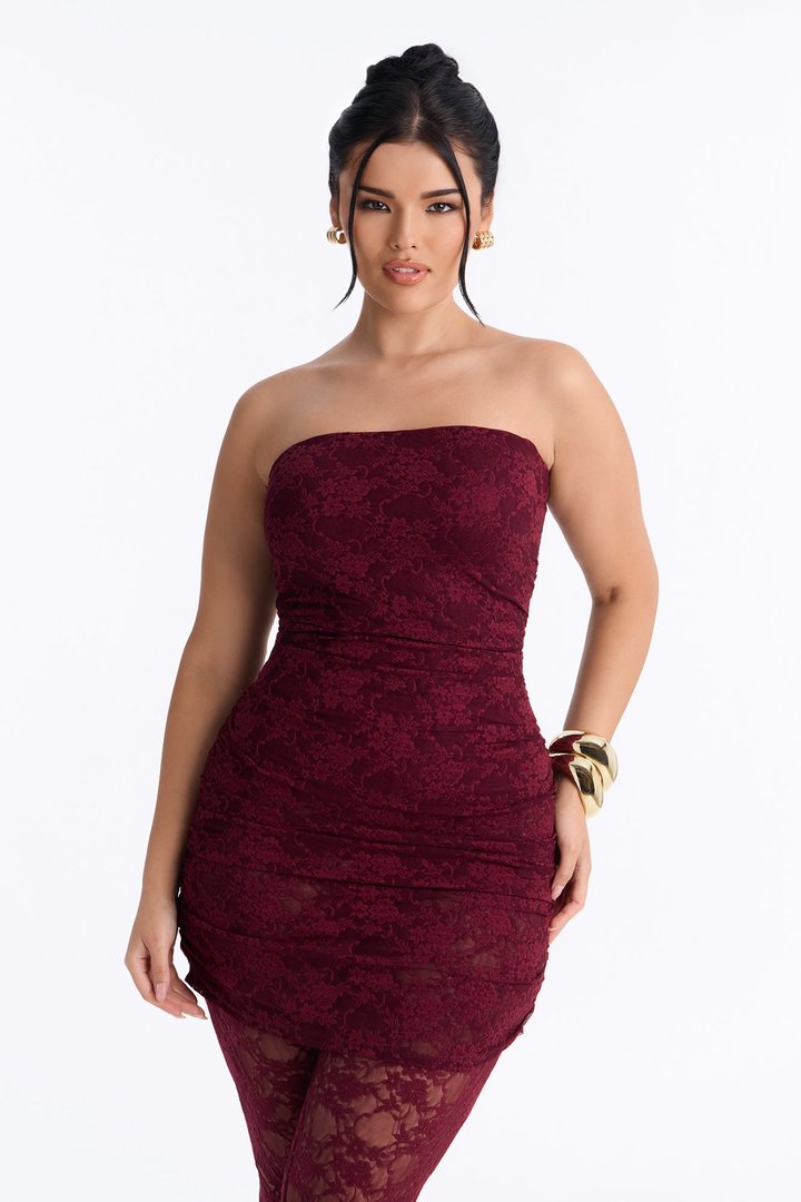 In your Feels Ruched Lace Jumpsuit - Wine