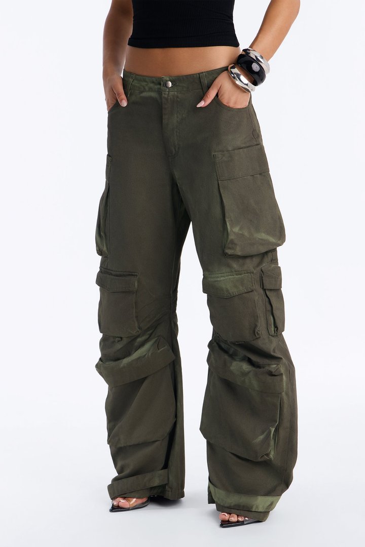 Abigail Low Rise Barrel Leg Cargo Pant - Olive/combo