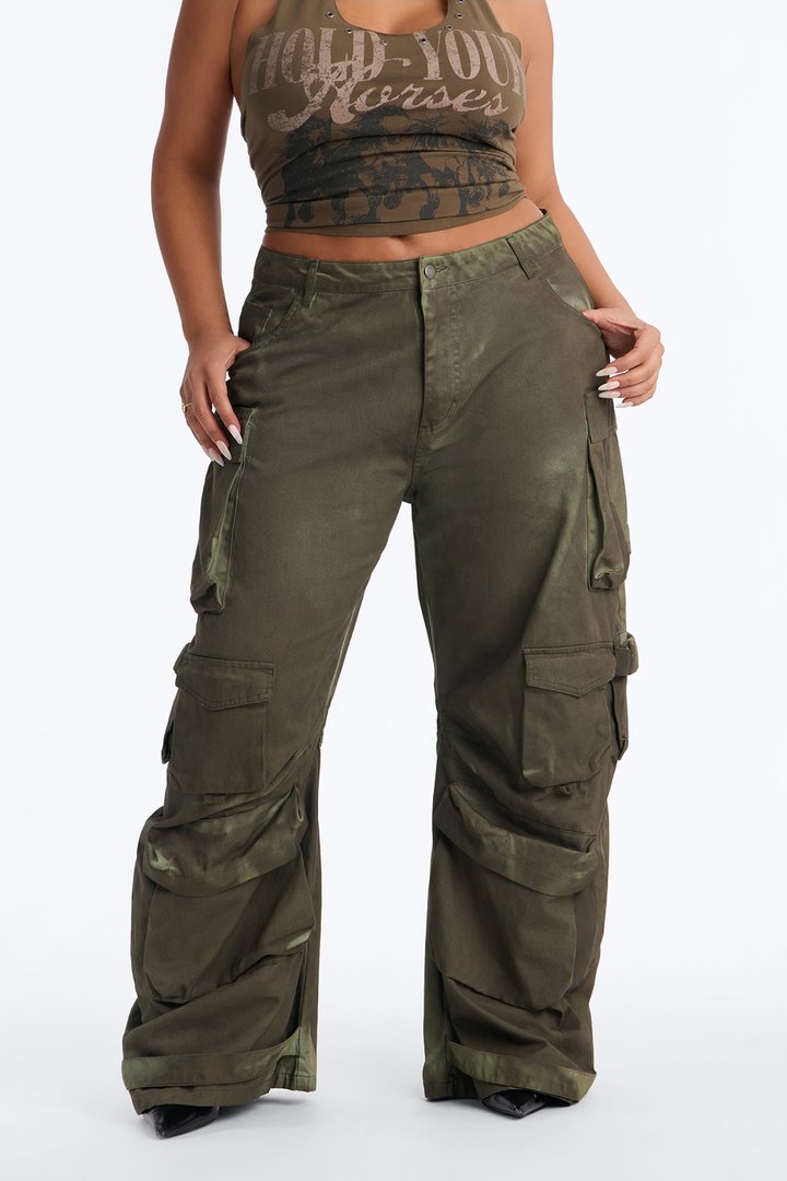 Abigail Low Rise Barrel Leg Cargo Pant - Olive/combo