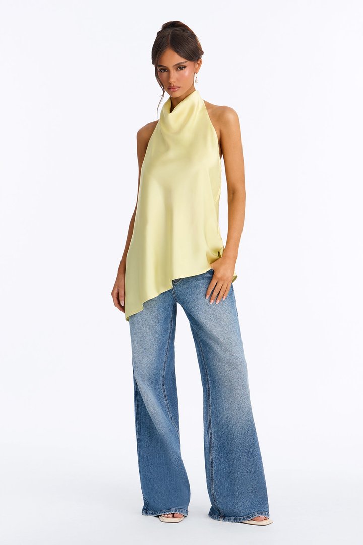 Teagan High Neck Satin Halter Top - Butter Yellow