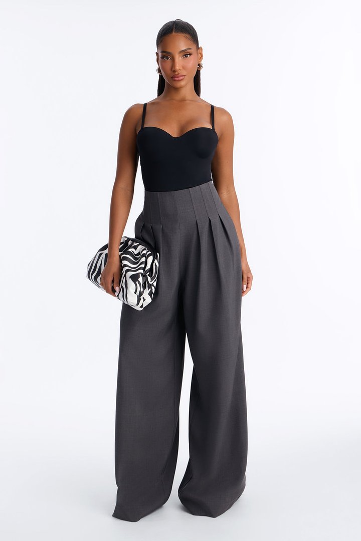 Talia High Rise Corset Waist Wide Leg Pant 33″ - Charcoal