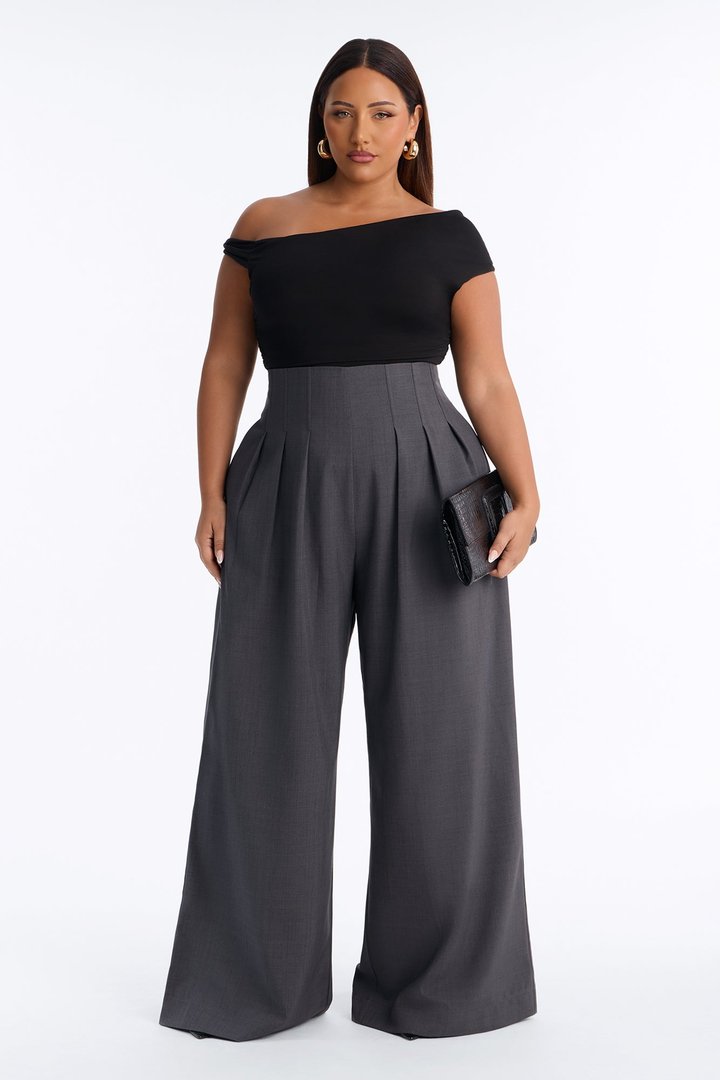 Talia High Rise Corset Waist Wide Leg Pant 33″ - Charcoal