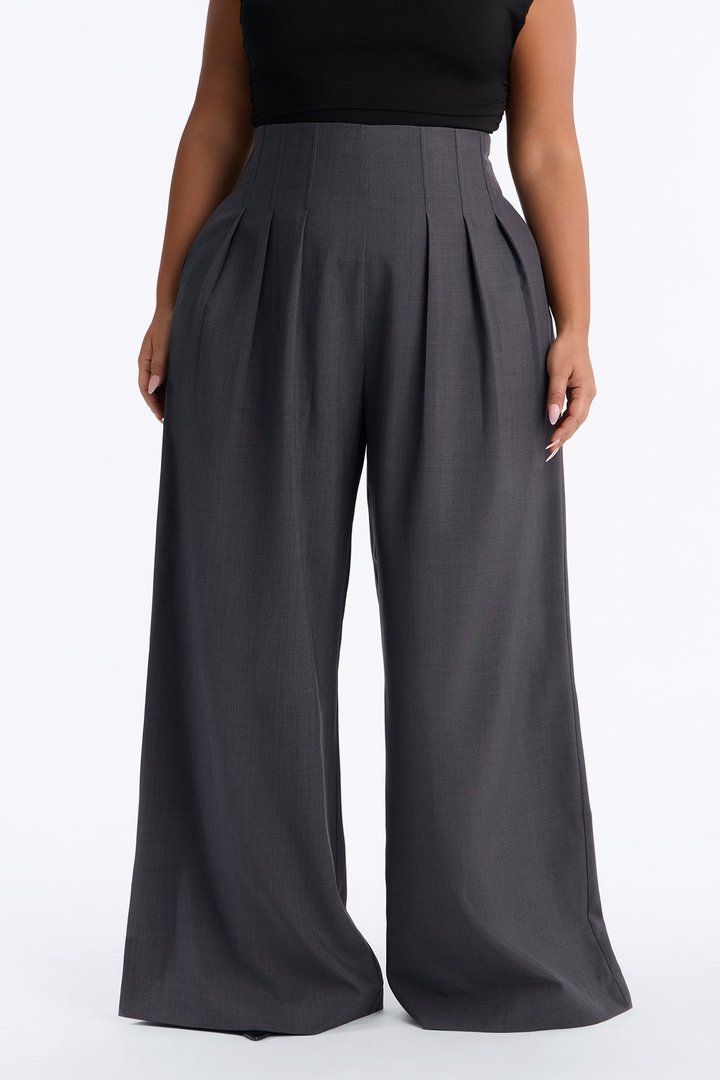 Talia High Rise Corset Waist Wide Leg Pant 33″ - Charcoal