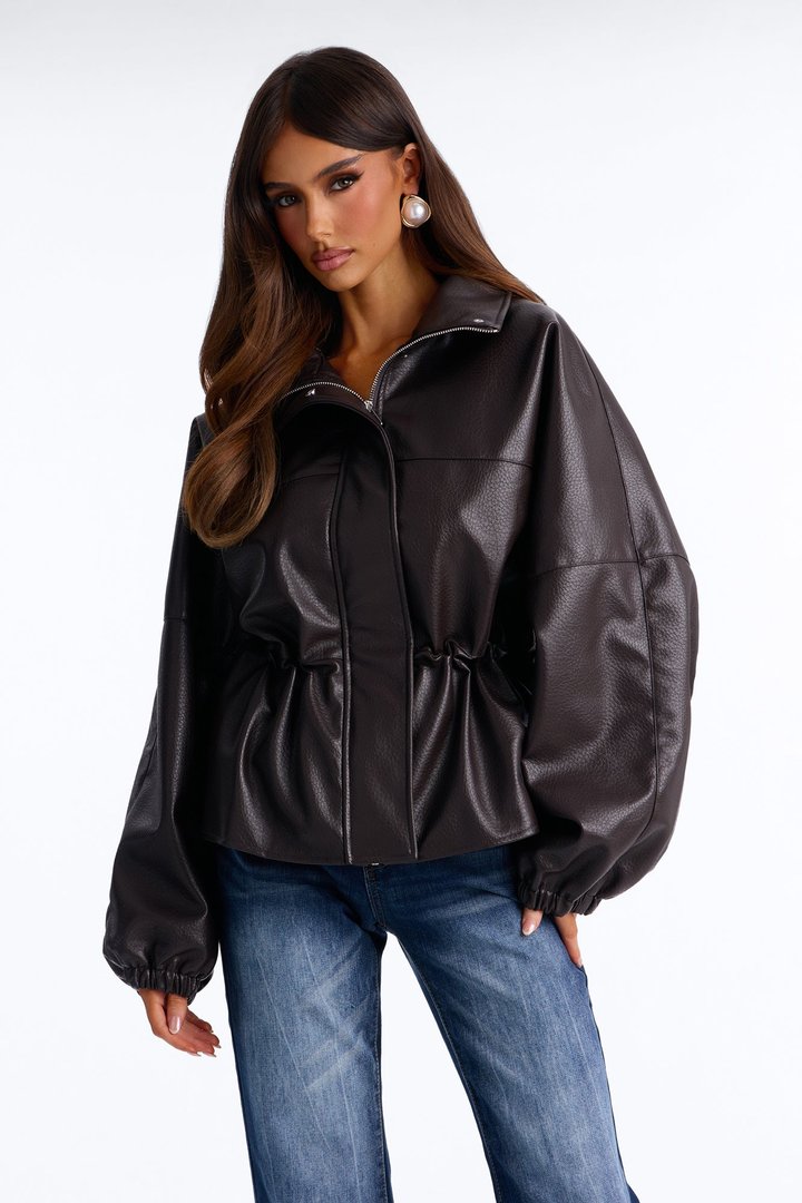 Effortless Funnel Neck Faux Leather Anorak - Chocolate