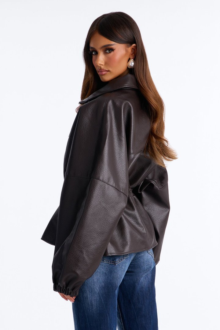 Effortless Funnel Neck Faux Leather Anorak - Chocolate