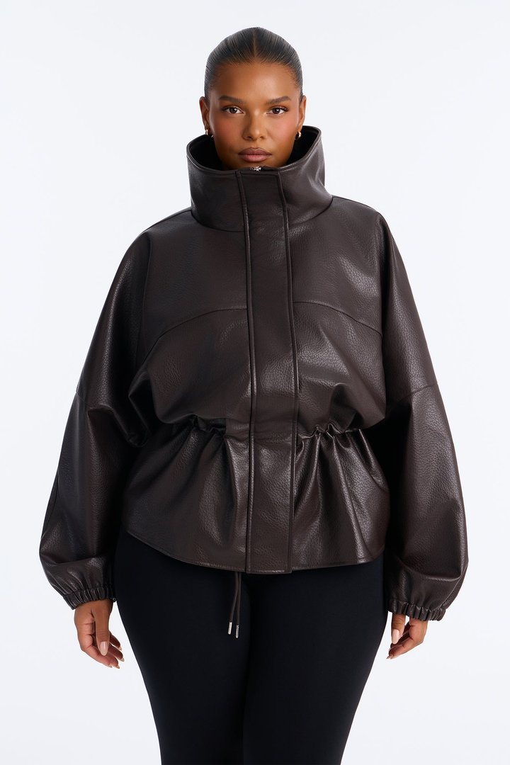 Effortless Funnel Neck Faux Leather Anorak - Chocolate