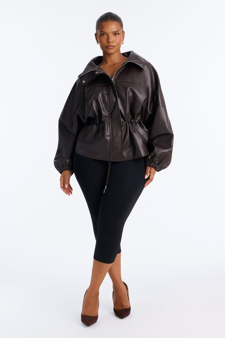 Effortless Funnel Neck Faux Leather Anorak - Chocolate