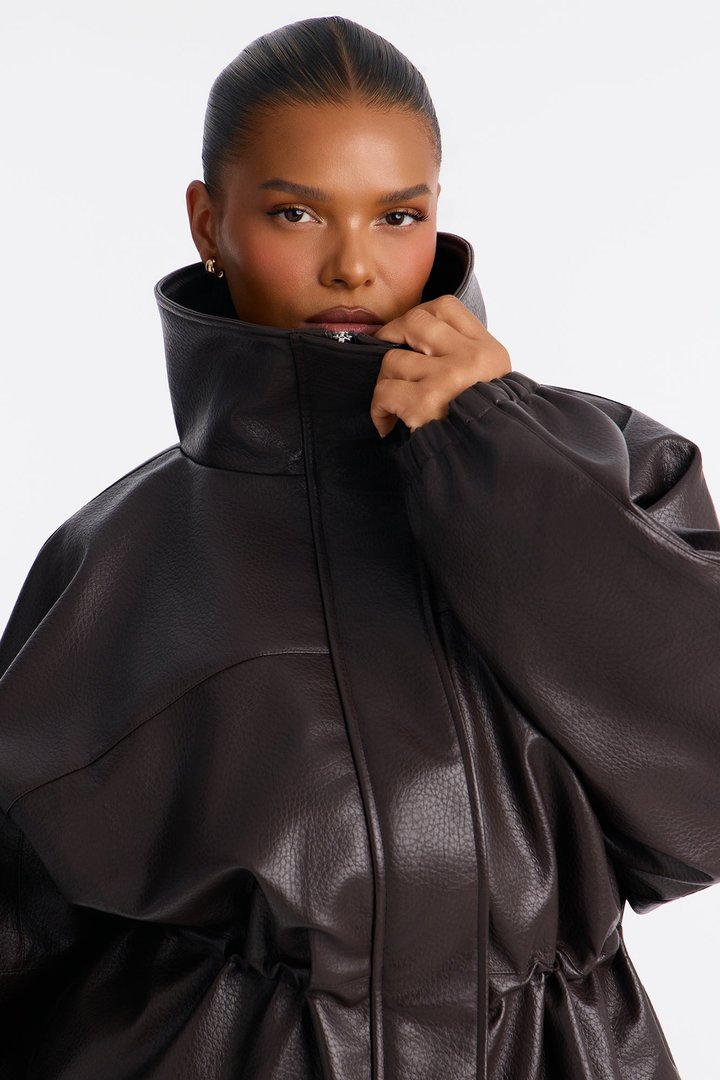 Effortless Funnel Neck Faux Leather Anorak - Chocolate