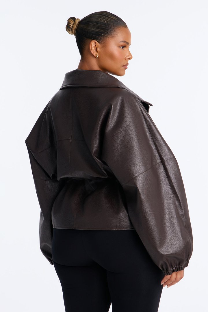 Effortless Funnel Neck Faux Leather Anorak - Chocolate