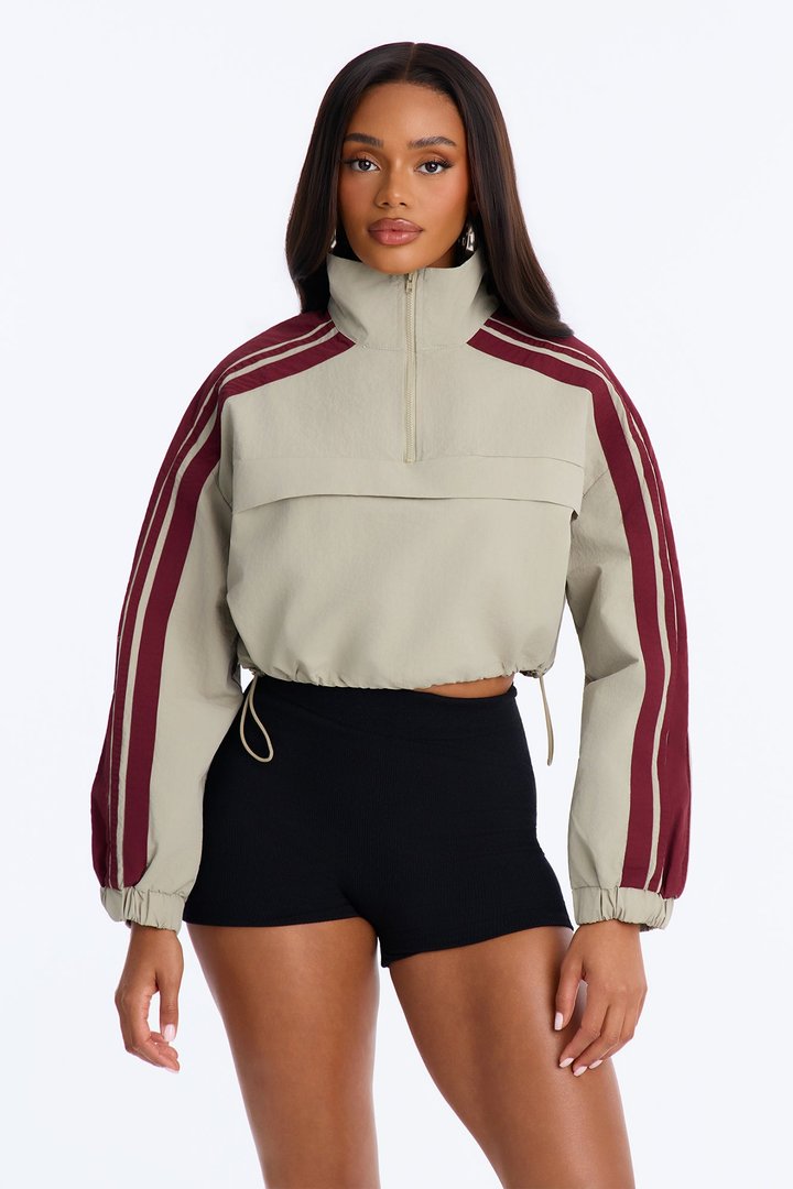 Power Moves Cropped Half Zip Funnel Neck Windbreaker Jacket - Olive/combo