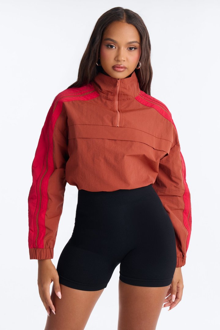 Power Moves Cropped Half Zip Funnel Neck Windbreaker Jacket - Rust/combo