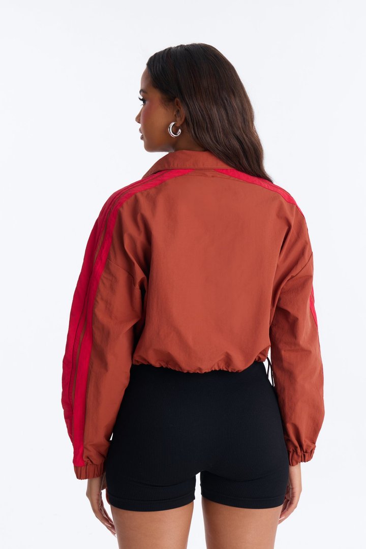 Power Moves Cropped Half Zip Funnel Neck Windbreaker Jacket - Rust/combo