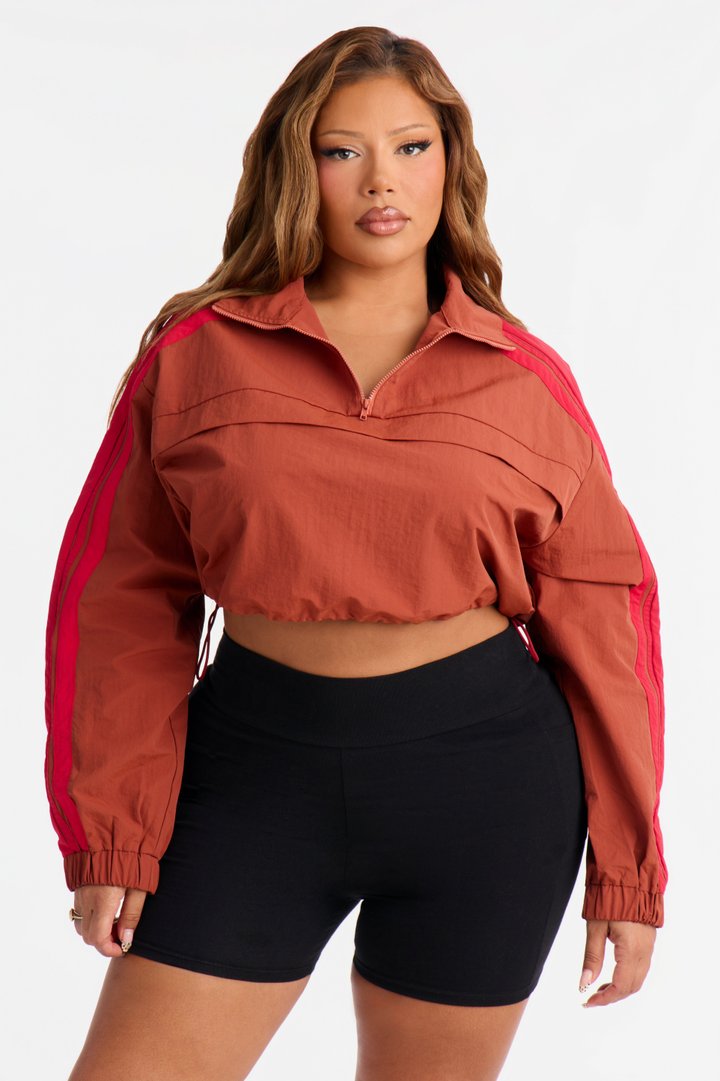 Power Moves Cropped Half Zip Funnel Neck Windbreaker Jacket - Rust/combo