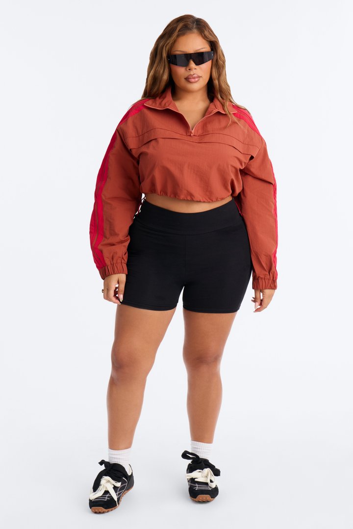 Power Moves Cropped Half Zip Funnel Neck Windbreaker Jacket - Rust/combo