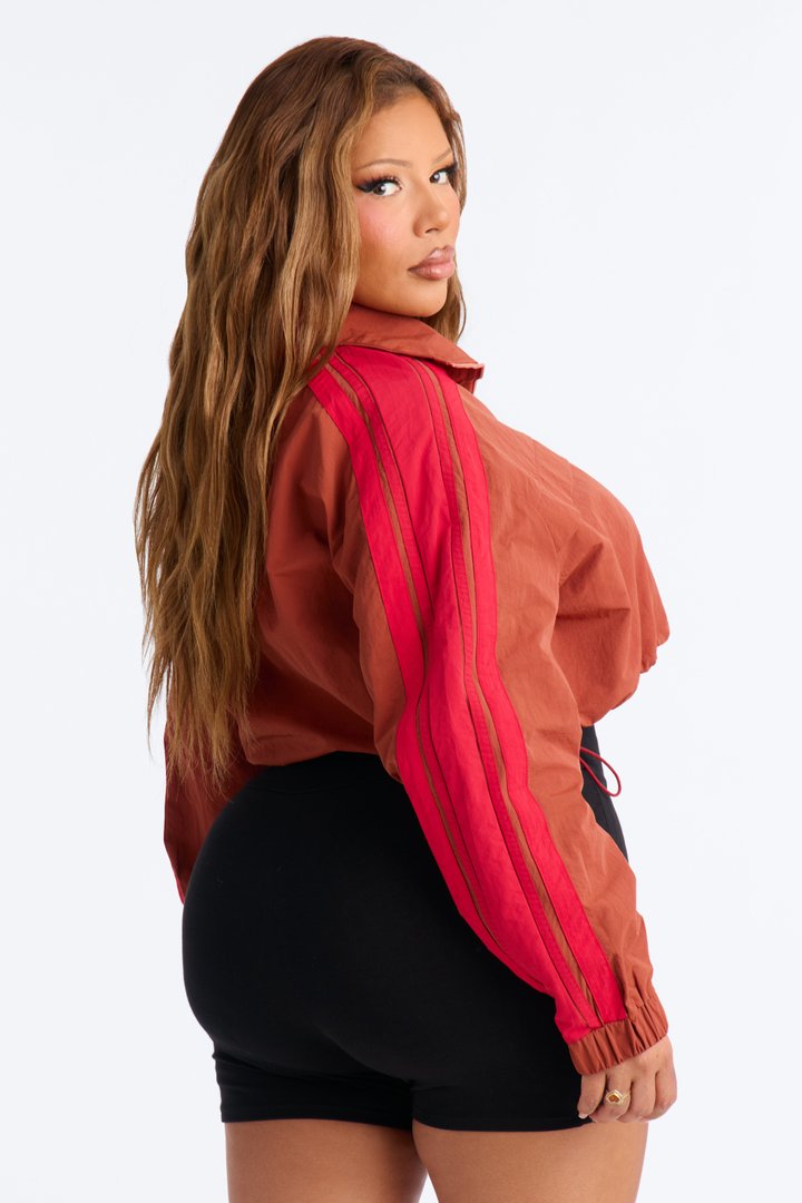Power Moves Cropped Half Zip Funnel Neck Windbreaker Jacket - Rust/combo