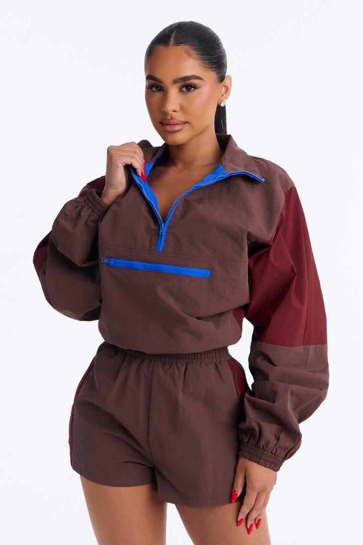 Color Block Funnel Neck Windbreaker Jacket - Brown/combo