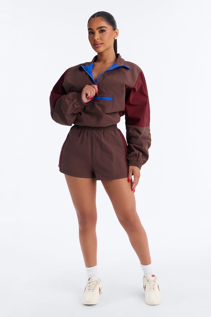 Color Block Funnel Neck Windbreaker Jacket - Brown/combo