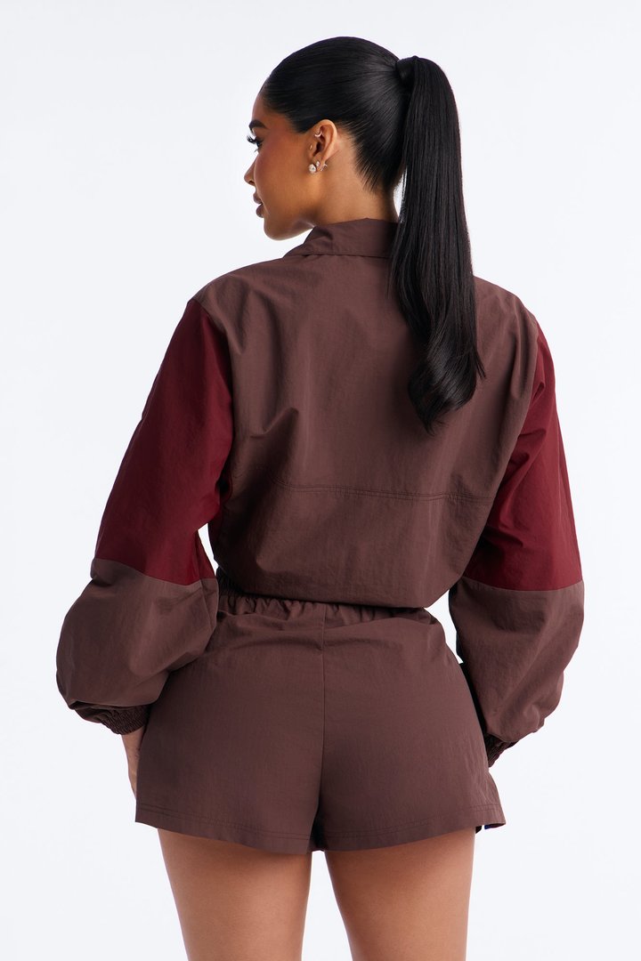 Color Block Funnel Neck Windbreaker Jacket - Brown/combo