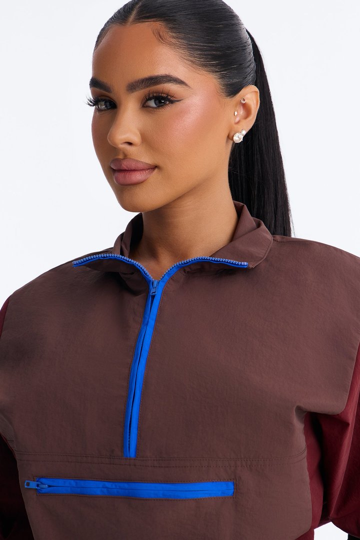 Color Block Funnel Neck Windbreaker Jacket - Brown/combo