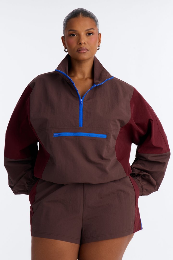 Color Block Funnel Neck Windbreaker Jacket - Brown/combo