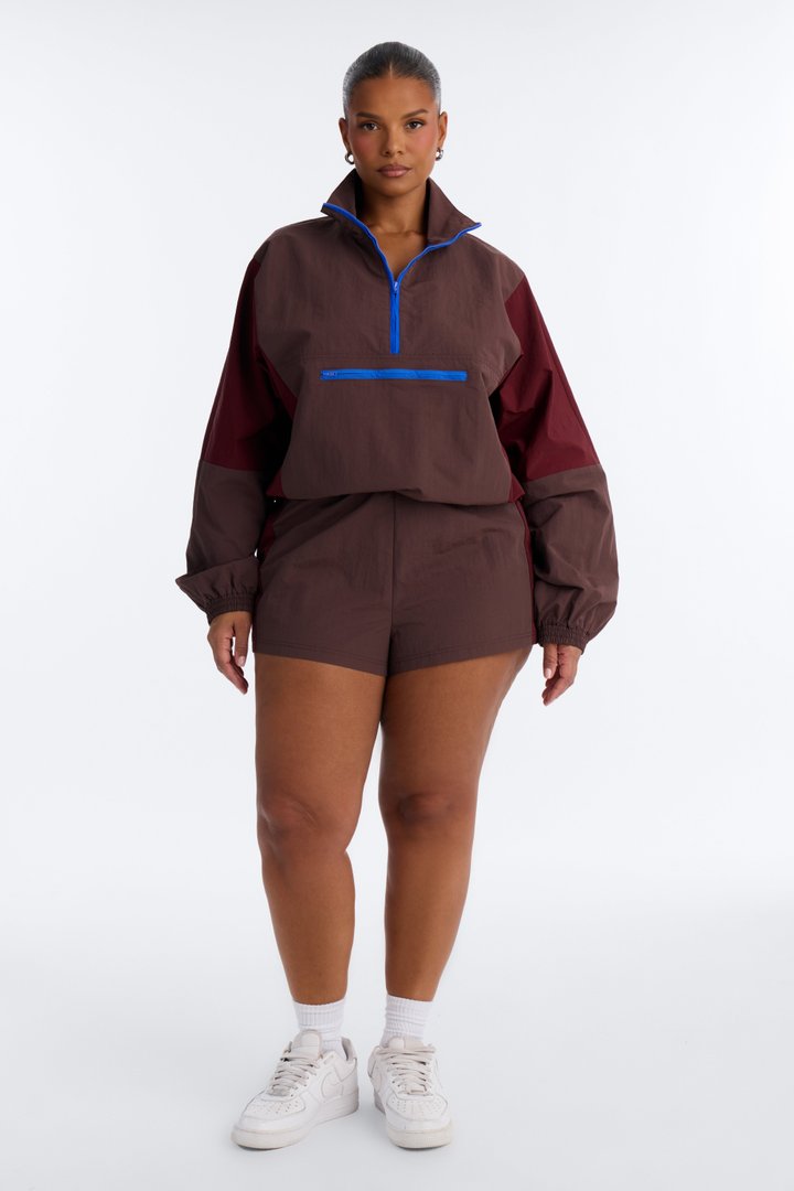 Color Block Funnel Neck Windbreaker Jacket - Brown/combo
