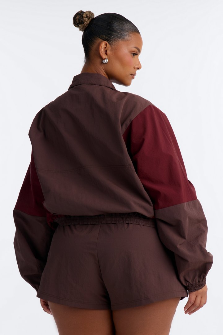 Color Block Funnel Neck Windbreaker Jacket - Brown/combo