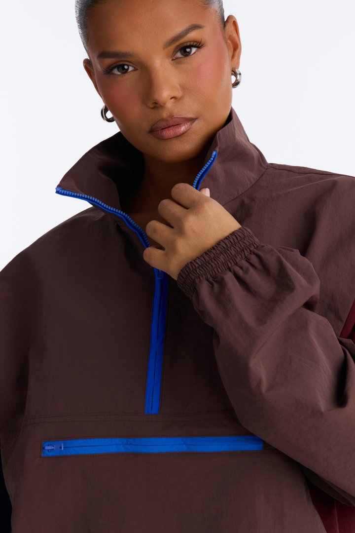 Color Block Funnel Neck Windbreaker Jacket - Brown/combo