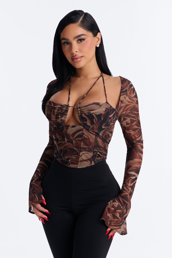 Miranda Mesh Floral Corset Top - Brown/combo
