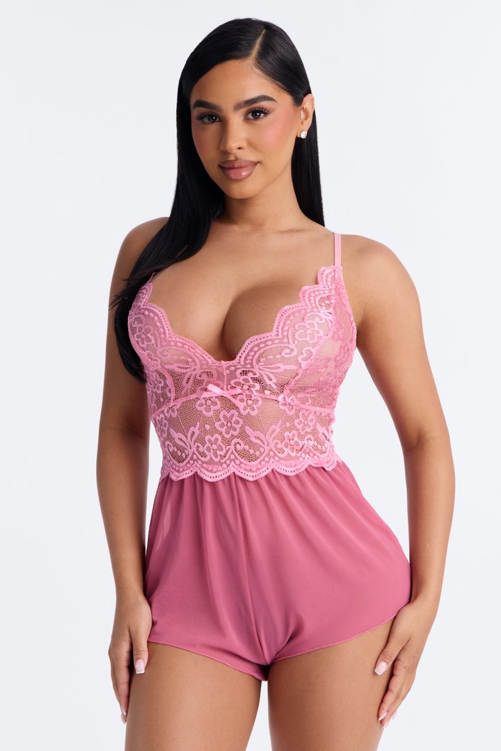 Johanna Lace Trim V-Neck Flowy Romper - Pink