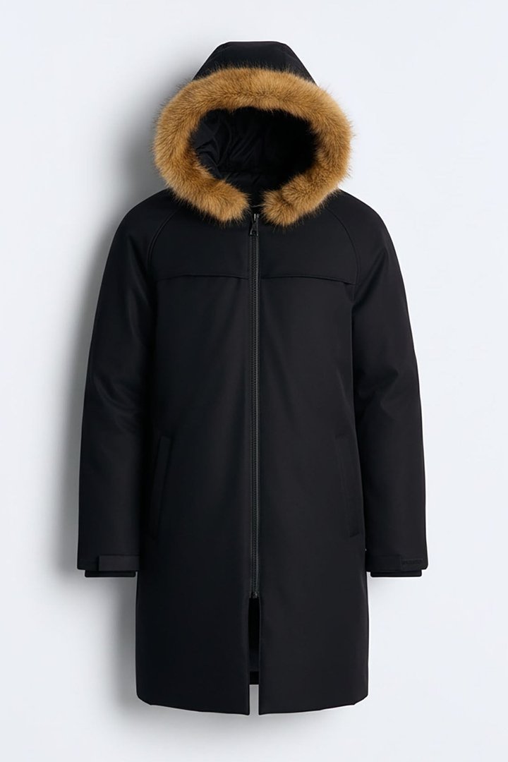 Padded Hooded Faux Trim Iced Out Parka - Black