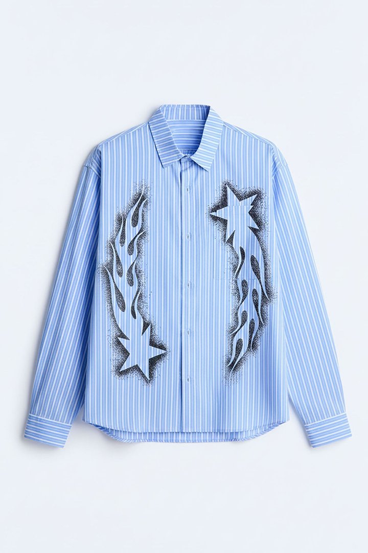 Oversized Pin Stripe Star Button Up Shirt - Light Blue