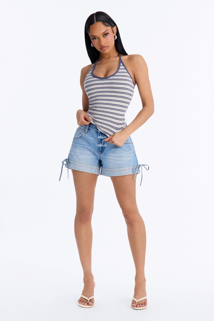 Kaylee Striped Ribbed Halter Top - HeatherGrey