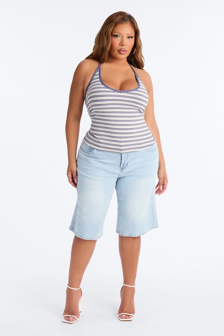 Kaylee Striped Ribbed Halter Top - HeatherGrey