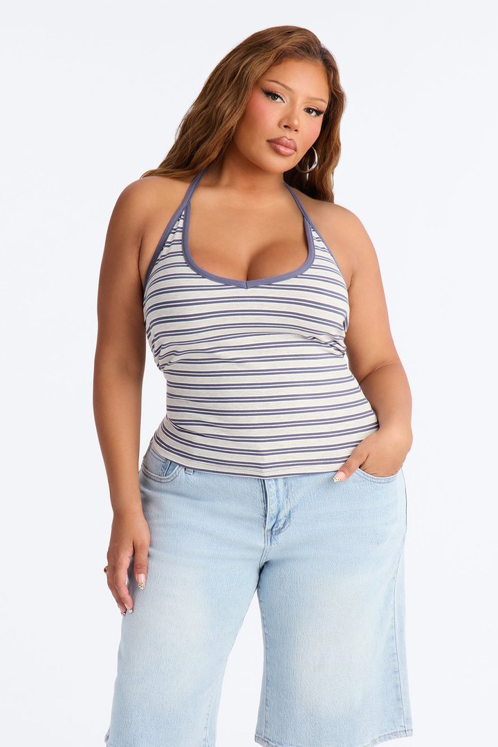 Kaylee Striped Ribbed Halter Top - HeatherGrey