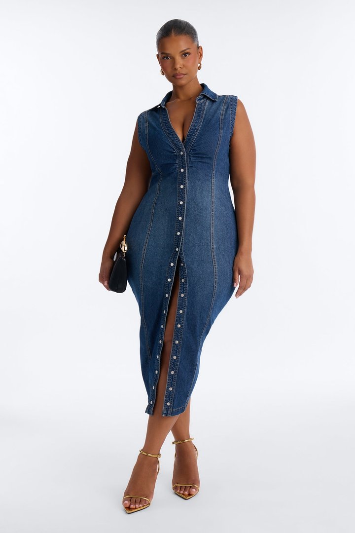 Allison Stretch Denim Midi Dress - DarkWash