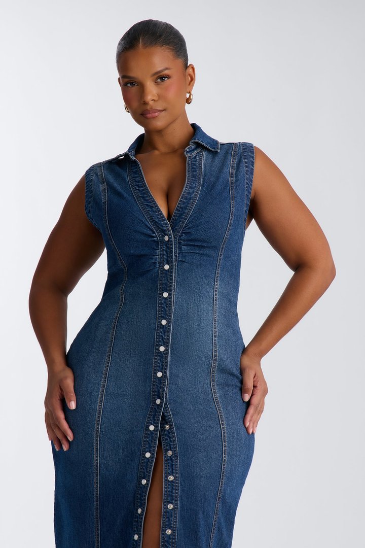 Allison Stretch Denim Midi Dress - DarkWash