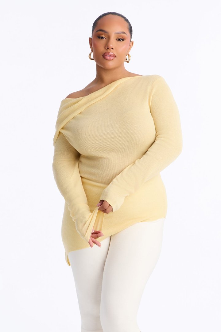 Gabrielle Off Shoulder Twist Long Sleeve Sweater - ButterYellow