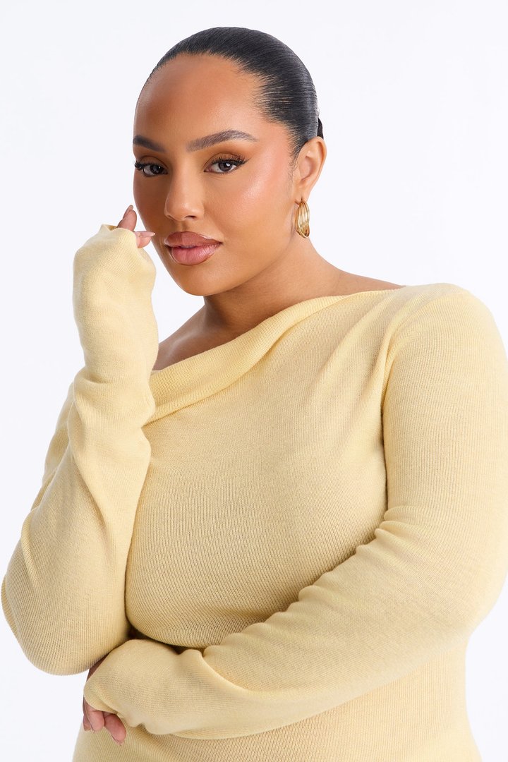 Gabrielle Off Shoulder Twist Long Sleeve Sweater - ButterYellow