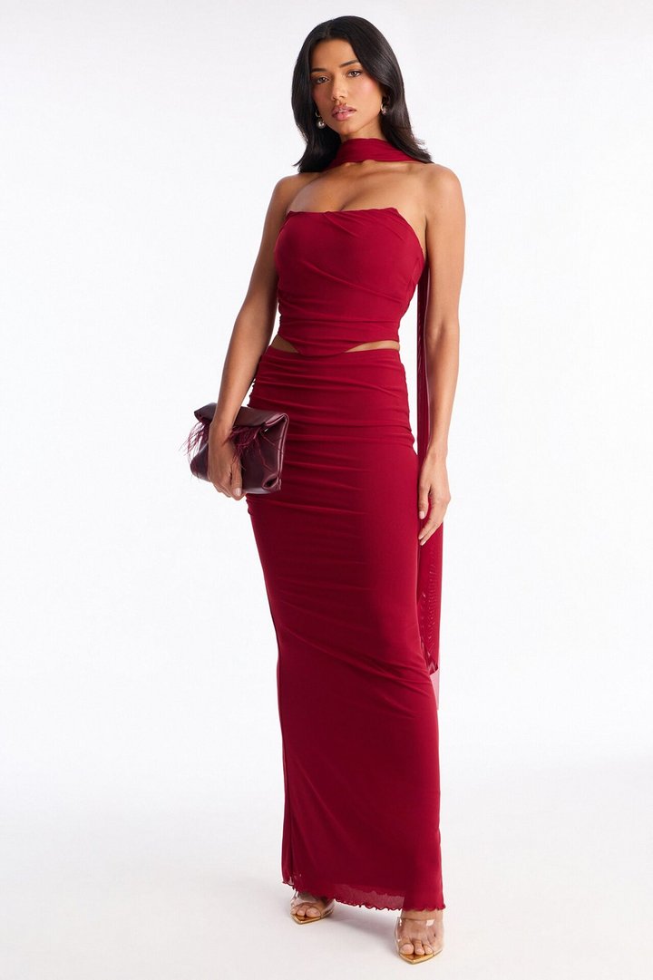 Avery Mesh Corset 3 Piece Maxi Skirt Set - Red