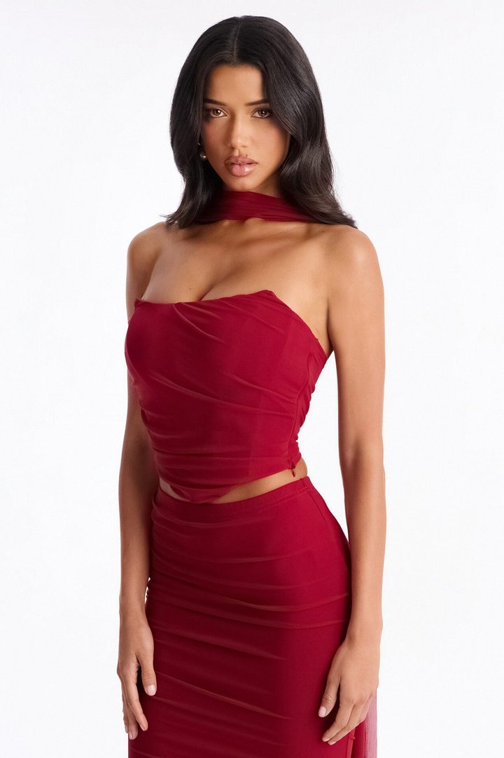 Avery Mesh Corset 3 Piece Maxi Skirt Set - Red