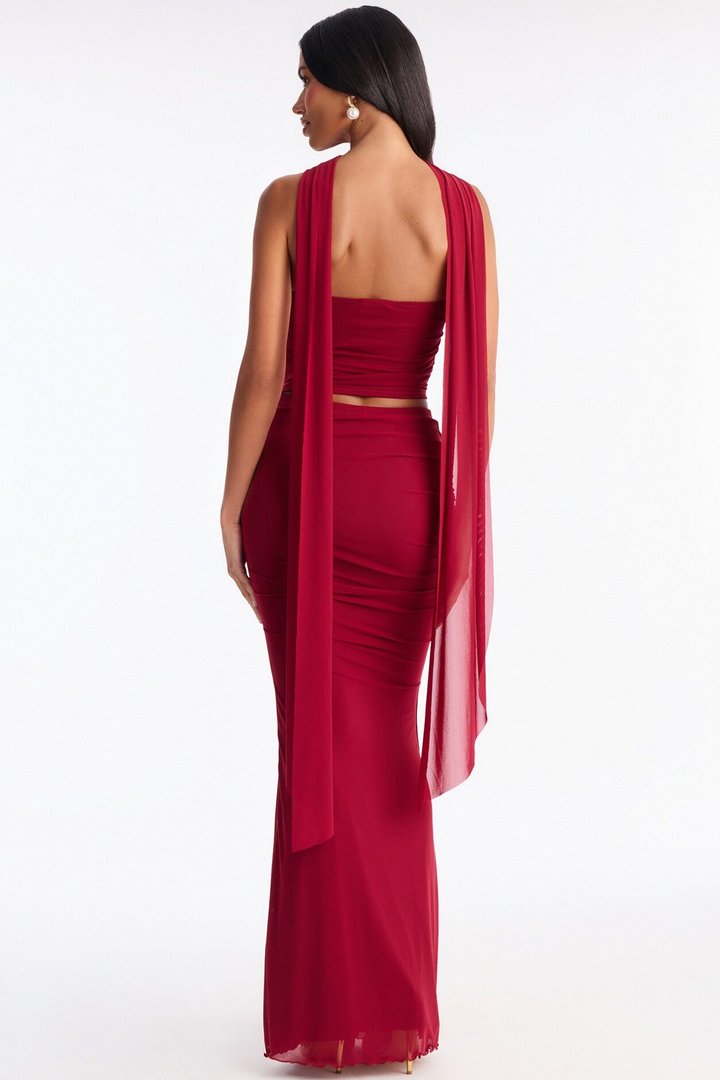 Avery Mesh Corset 3 Piece Maxi Skirt Set - Red