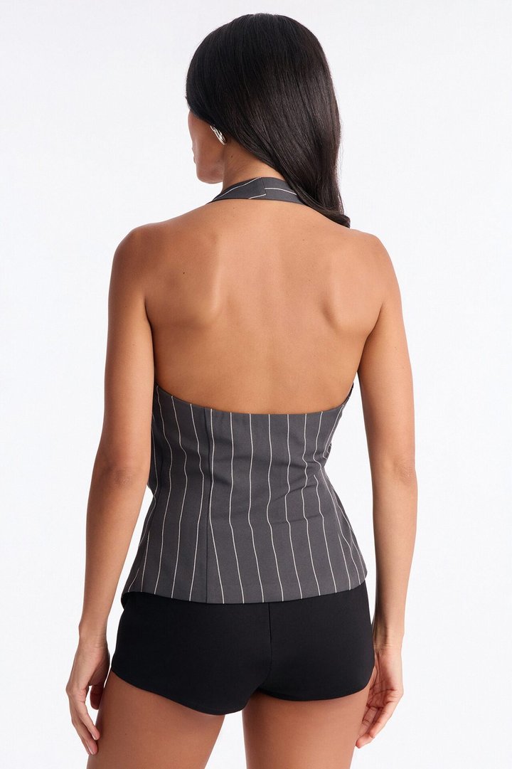 On My Grind Pinstripe Halter Top - Charcoal/combo