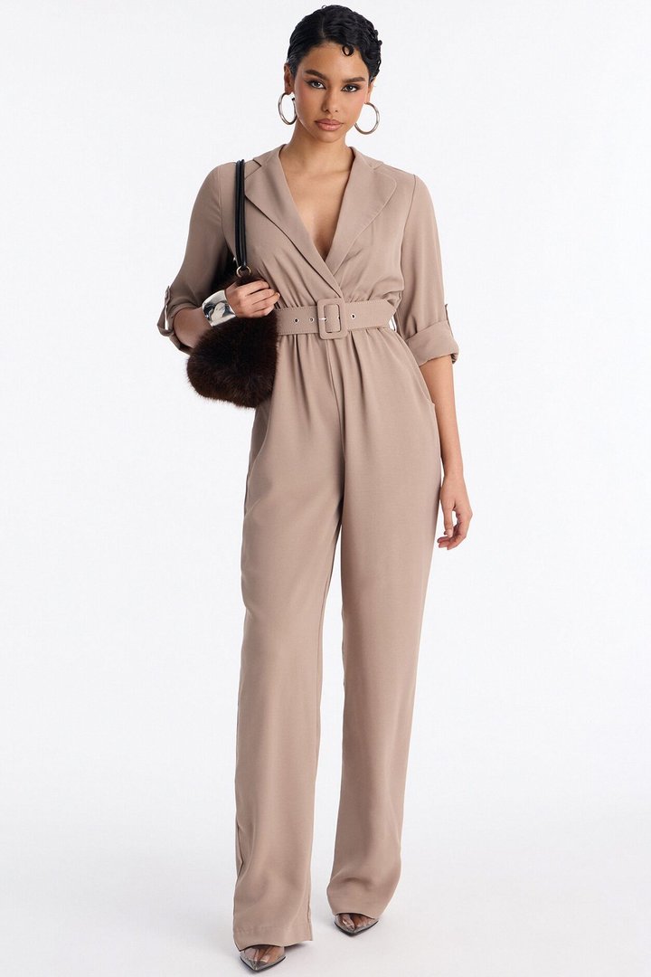 Running Around Belted Straight Leg Jumpsuit - Taupe