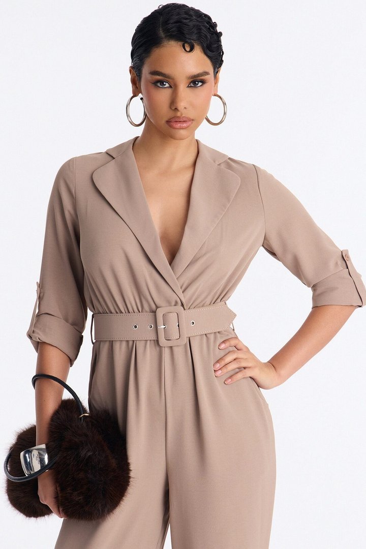 Running Around Belted Straight Leg Jumpsuit - Taupe